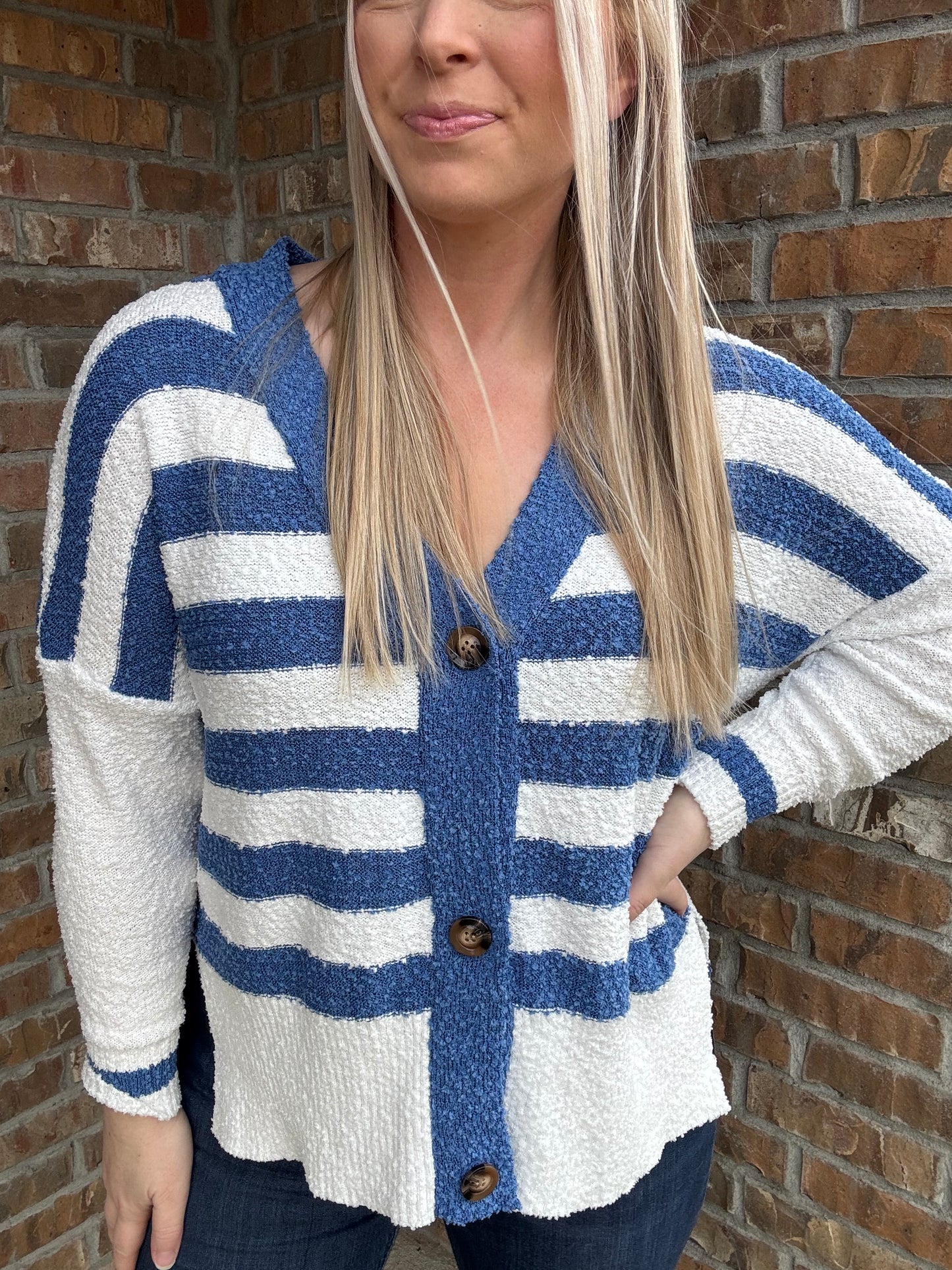 Blue Striped Buttoned V Neck High Low Sweater Cardigan