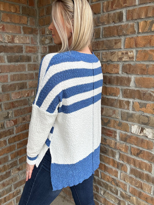 Blue Striped Buttoned V Neck High Low Sweater Cardigan