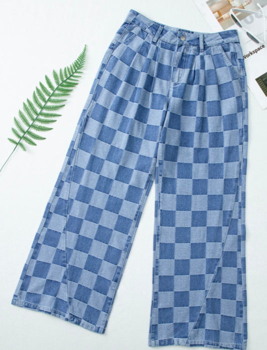 Dusk Blue Checkered Wide Leg Jeans